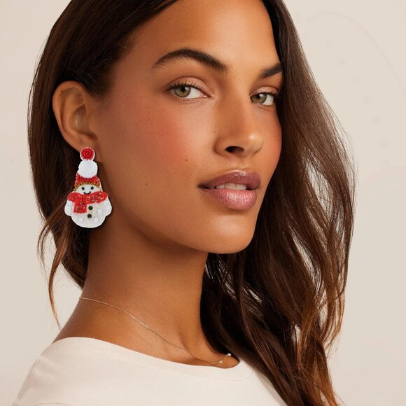 Puff Top Jeweled Seed Beaded Festive Christmas Snowman Earrings - Picture 2 of 3